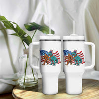 Funny Patriotic Tumbler With Handle Bigfoot Walking Dinosaur With USA Flag