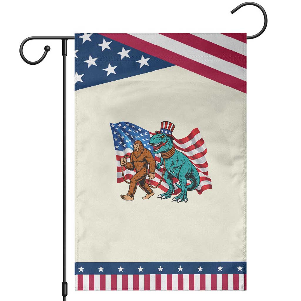 Funny Patriotic Garden Flag Bigfoot Walking Dinosaur With USA Flag