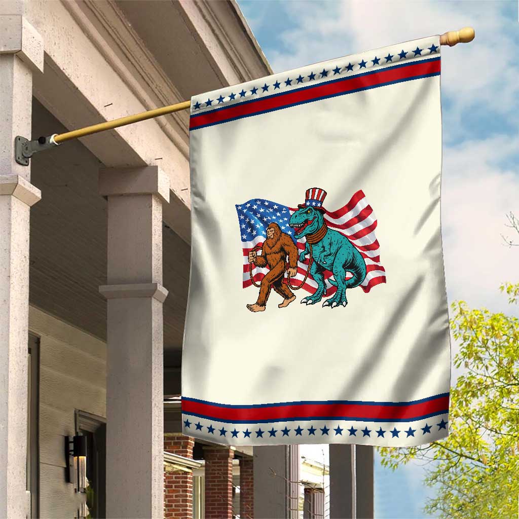 Funny Patriotic Garden Flag Bigfoot Walking Dinosaur With USA Flag