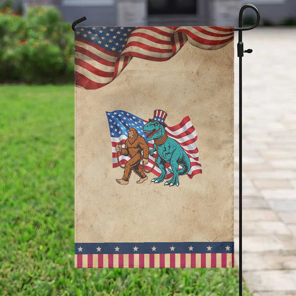 Funny Patriotic Garden Flag Bigfoot Walking Dinosaur With USA Flag