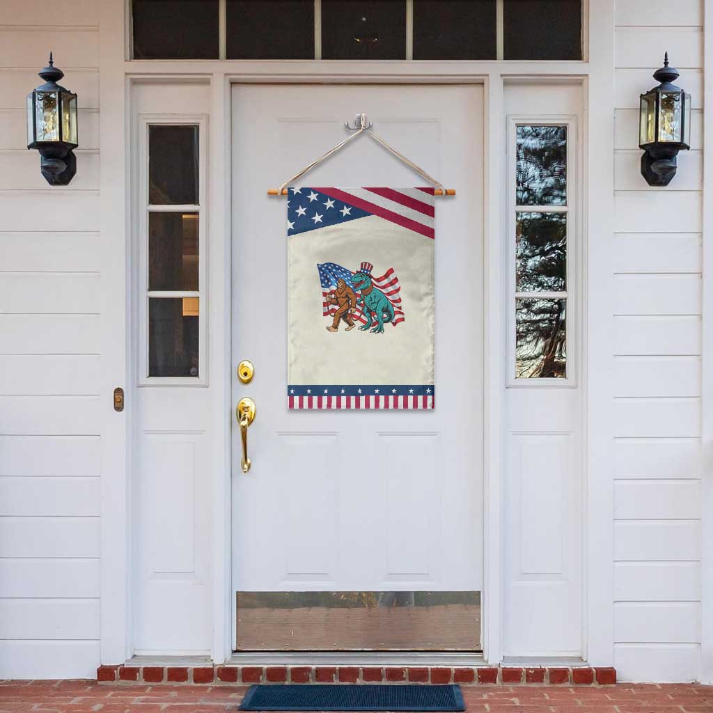 Funny Patriotic Garden Flag Bigfoot Walking Dinosaur With USA Flag