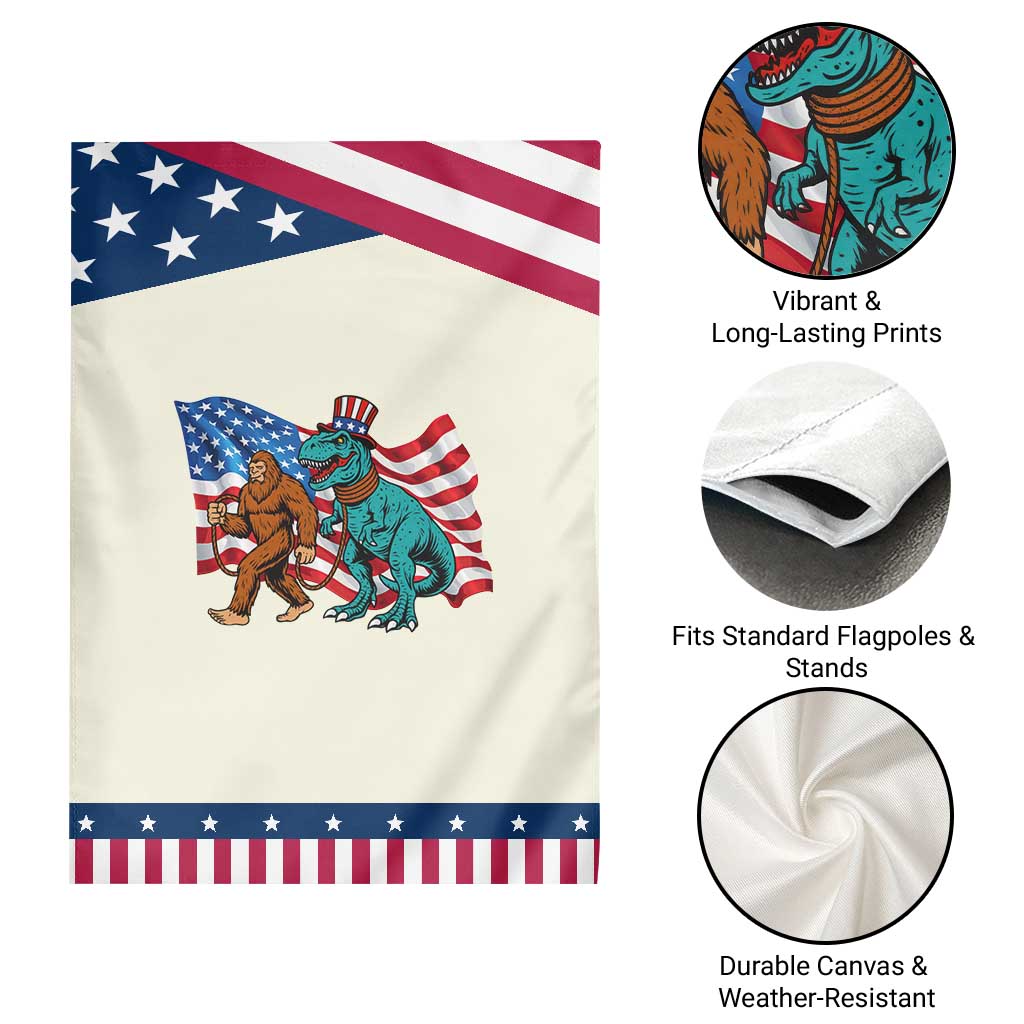 Funny Patriotic Garden Flag Bigfoot Walking Dinosaur With USA Flag