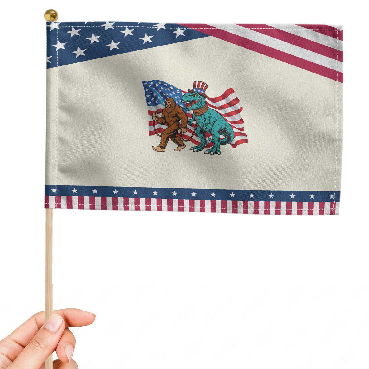Funny Patriotic Patriotic Handheld Flag Bigfoot Walking Dinosaur With USA Flag