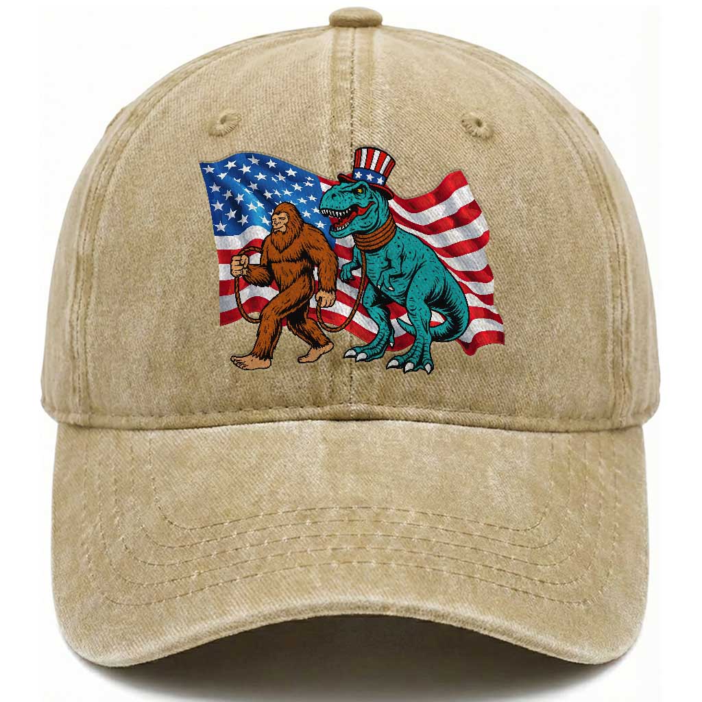 Funny Patriotic Washed Cotton Baseball Cap Bigfoot Walking Dinosaur With USA Flag