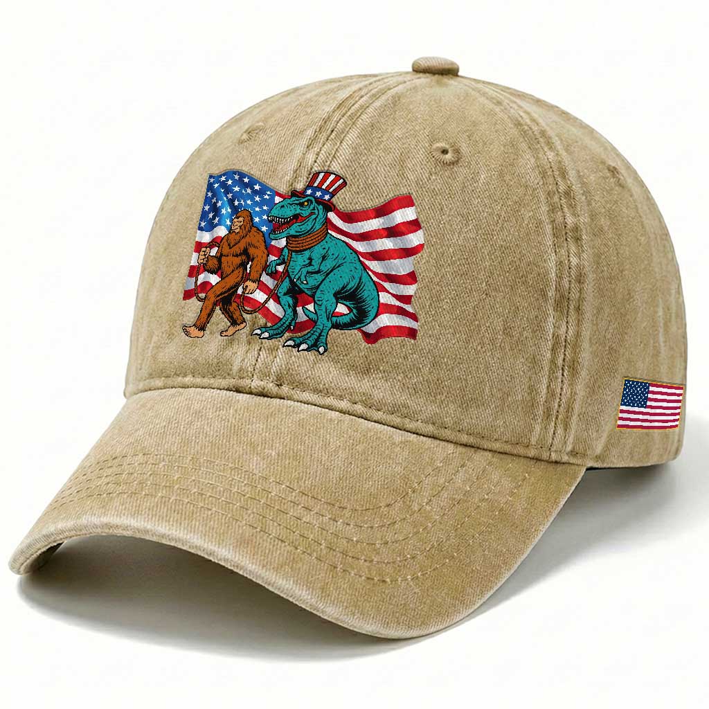Funny Patriotic Washed Cotton Baseball Cap Bigfoot Walking Dinosaur With USA Flag
