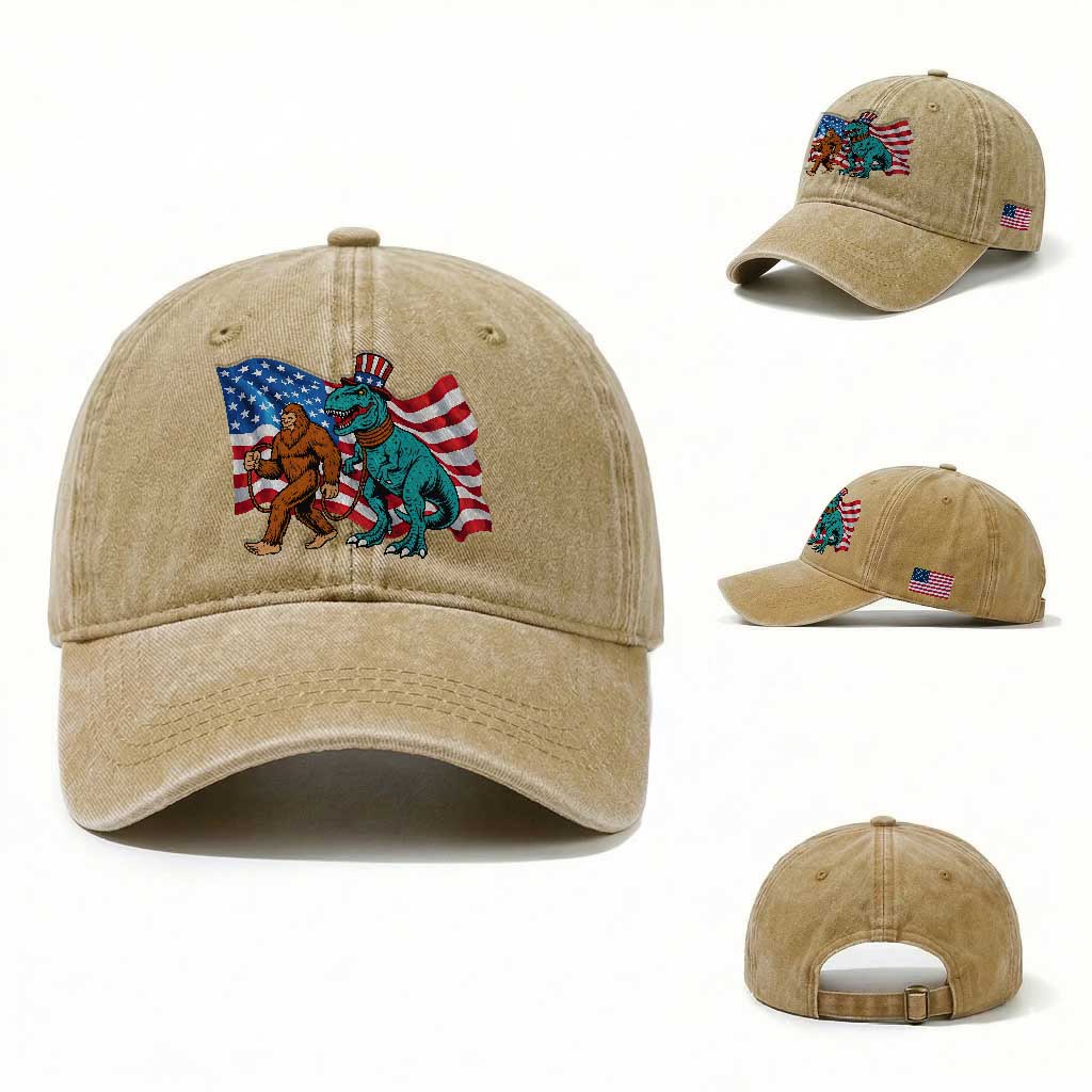 Funny Patriotic Washed Cotton Baseball Cap Bigfoot Walking Dinosaur With USA Flag