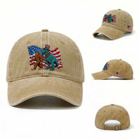 Funny Patriotic Washed Cotton Baseball Cap Bigfoot Walking Dinosaur With USA Flag