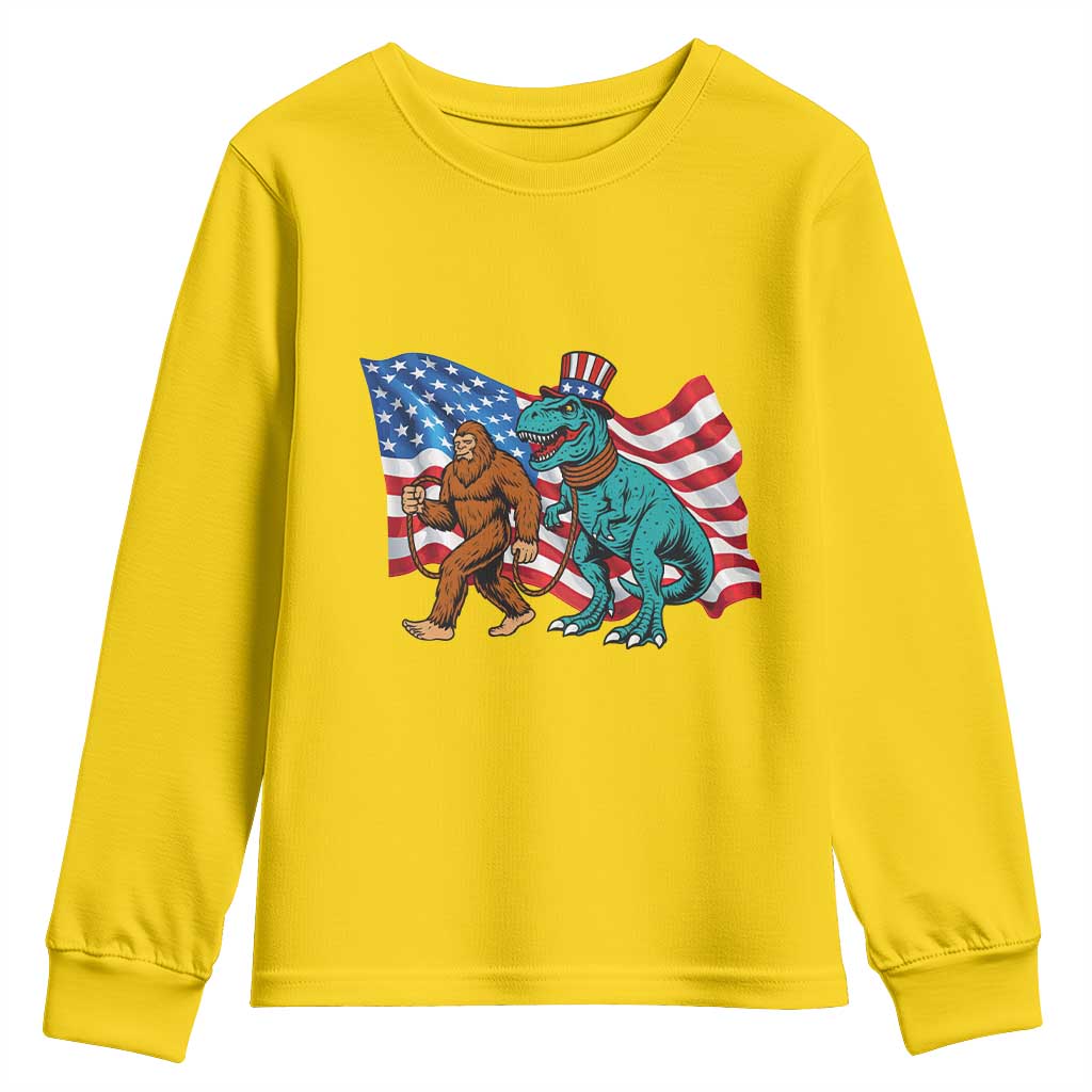 Funny Patriotic Youth Sweatshirt Bigfoot Walking Dinosaur With USA Flag - Wonder Print Shop