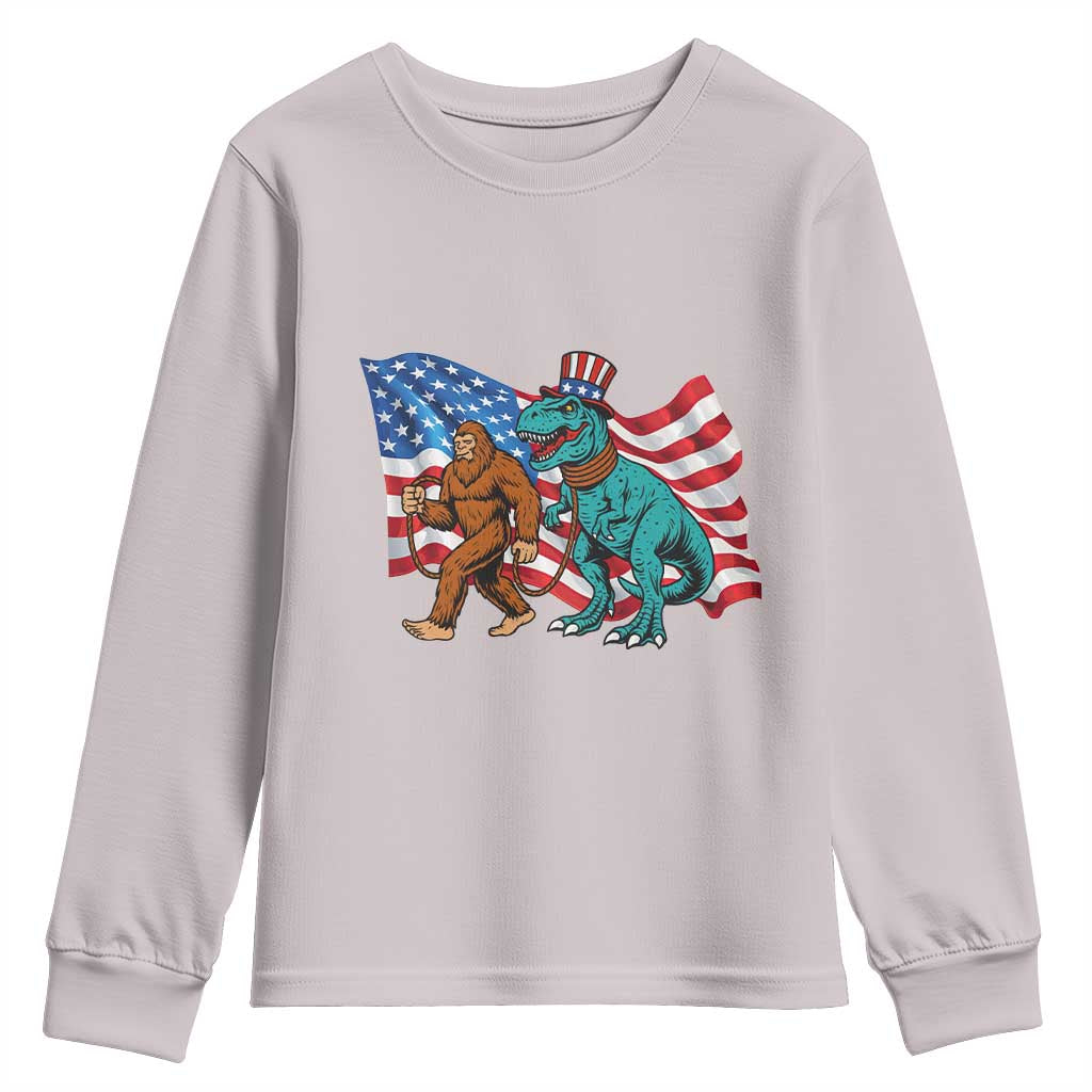 Funny Patriotic Youth Sweatshirt Bigfoot Walking Dinosaur With USA Flag - Wonder Print Shop