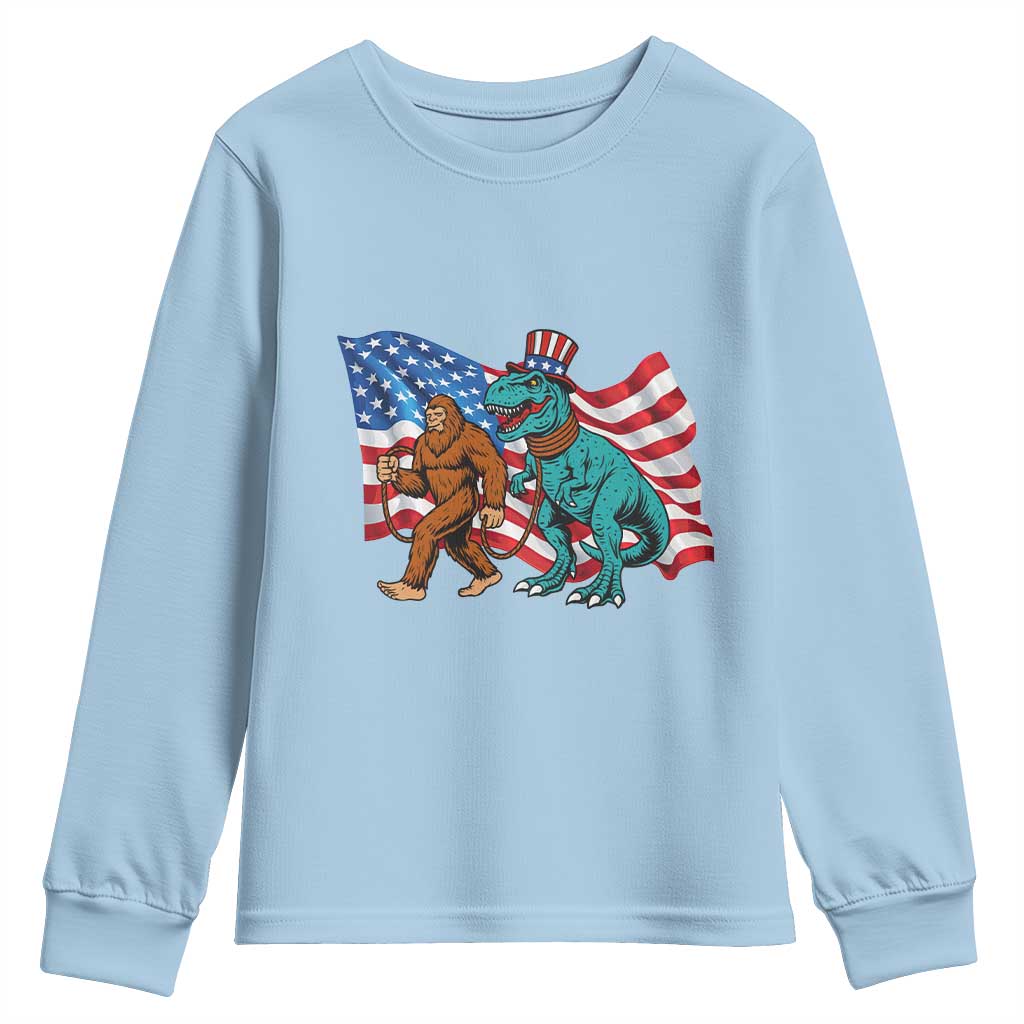 Funny Patriotic Youth Sweatshirt Bigfoot Walking Dinosaur With USA Flag - Wonder Print Shop