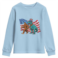 Funny Patriotic Youth Sweatshirt Bigfoot Walking Dinosaur With USA Flag - Wonder Print Shop