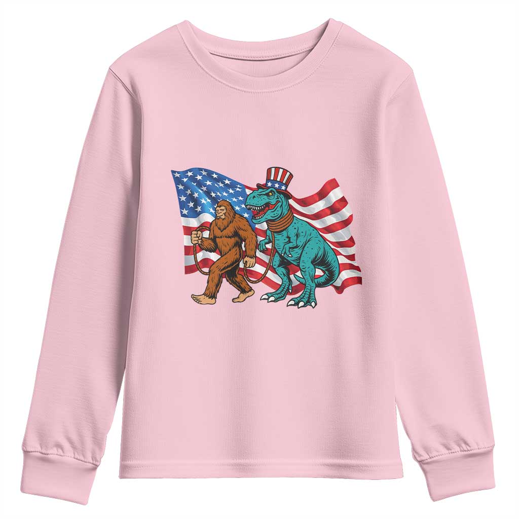 Funny Patriotic Youth Sweatshirt Bigfoot Walking Dinosaur With USA Flag - Wonder Print Shop