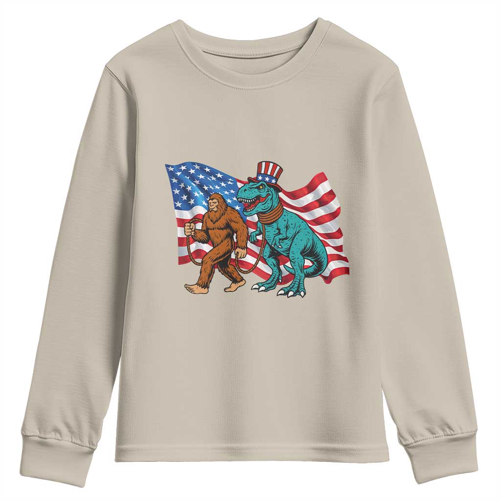 Funny Patriotic Youth Sweatshirt Bigfoot Walking Dinosaur With USA Flag - Wonder Print Shop