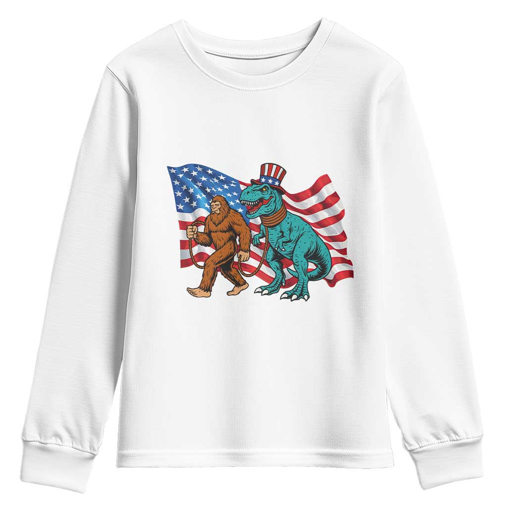 Funny Patriotic Youth Sweatshirt Bigfoot Walking Dinosaur With USA Flag - Wonder Print Shop