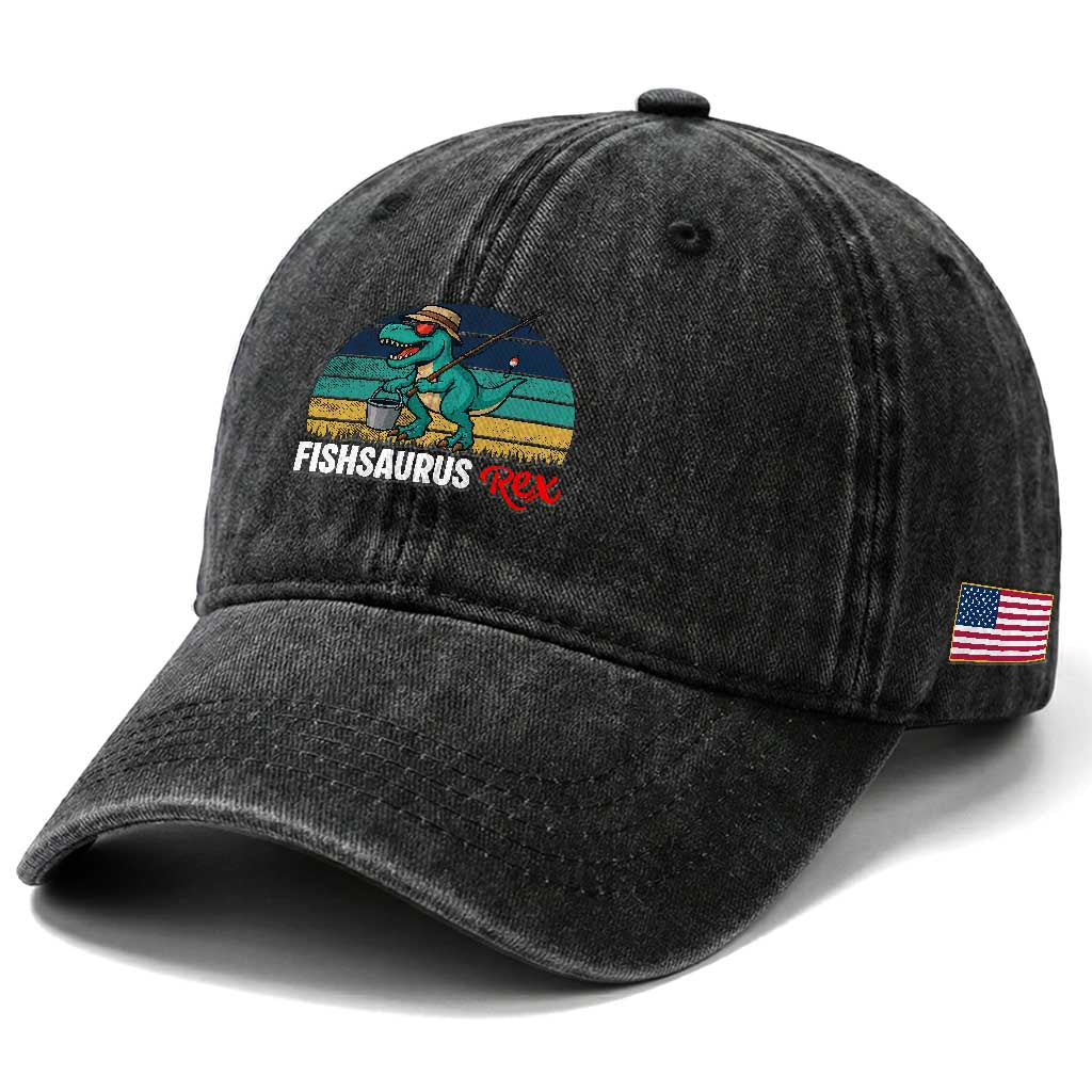 Funny Dinosaur Washed Cotton Baseball Cap Fishsaurus Rex Fishing Lover