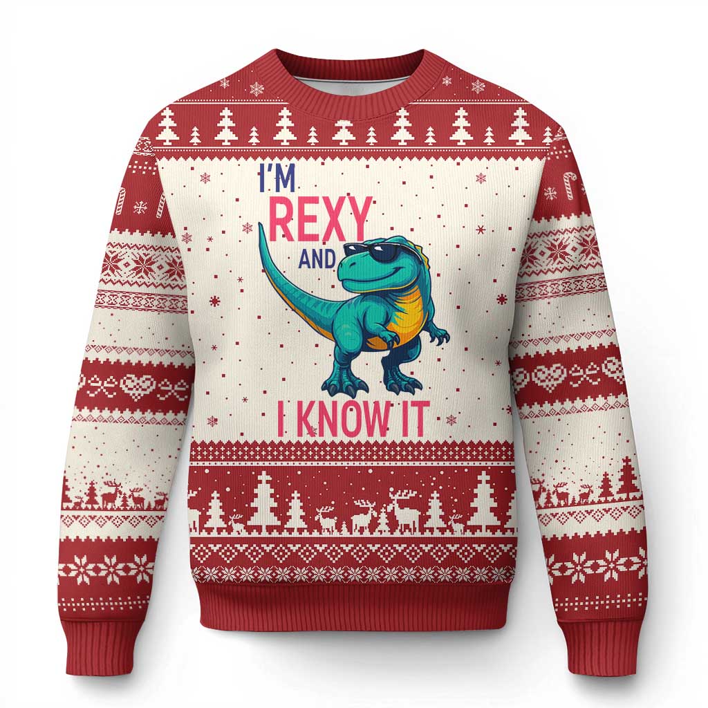 Funny Dinosaur Ugly Christmas Sweater I Am Rexy And I Know It - Wonder Print Shop