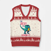 Funny Dinosaur V-Neck Knit Sweater Vest I Am Rexy And I Know It - Wonder Print Shop