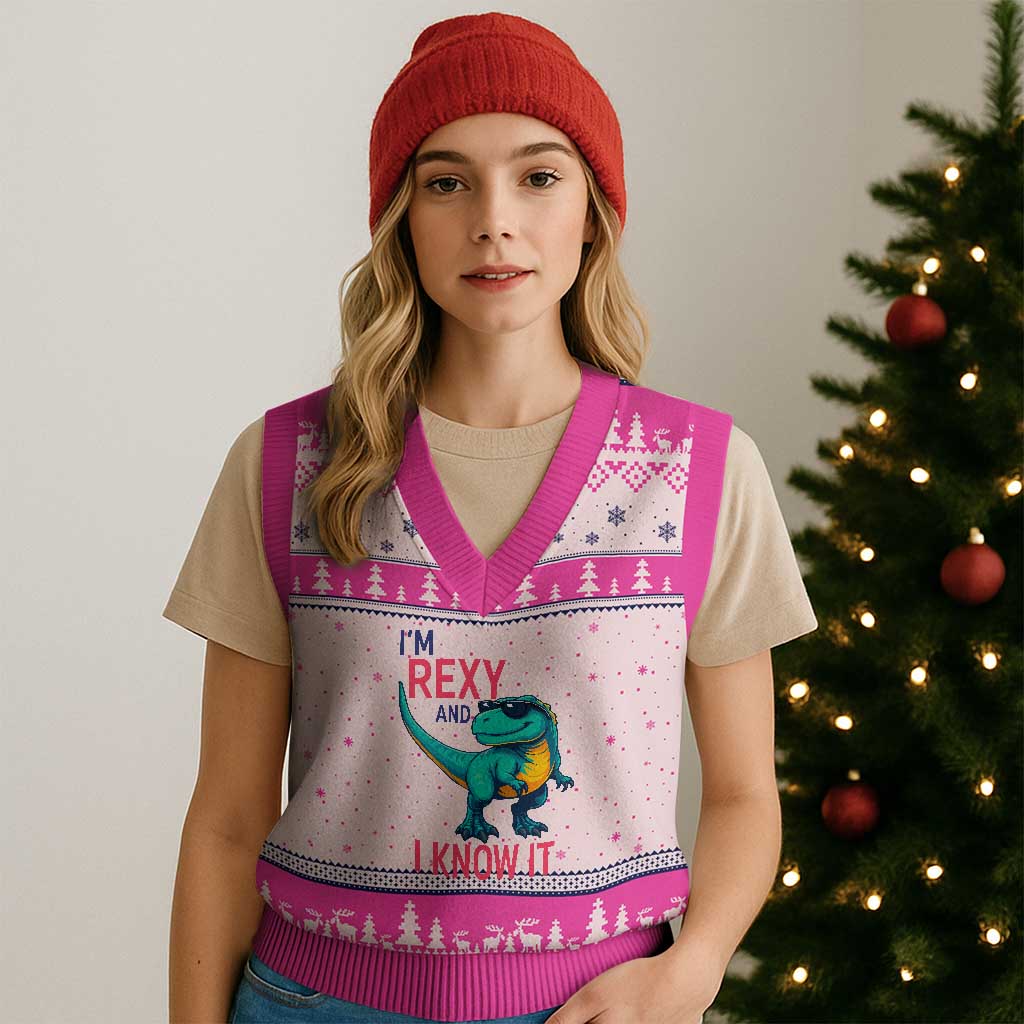 Funny Dinosaur V-Neck Knit Sweater Vest I Am Rexy And I Know It - Wonder Print Shop