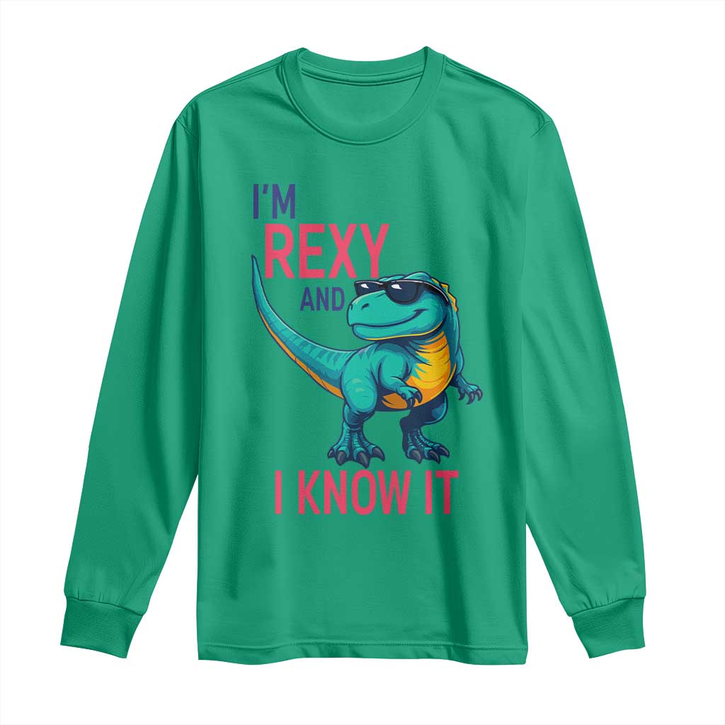 Funny Dinosaur Long Sleeve Shirt I Am Rexy And I Know It - Wonder Print Shop