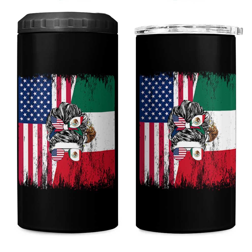 Mexican American Pride 4 in 1 Can Cooler Tumbler Bicultural Heritage Girl Vintage Flag