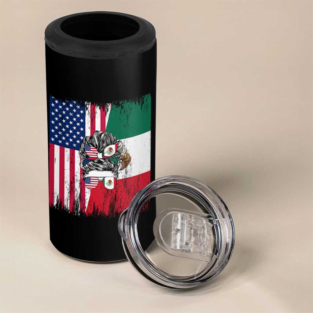 Mexican American Pride 4 in 1 Can Cooler Tumbler Bicultural Heritage Girl Vintage Flag