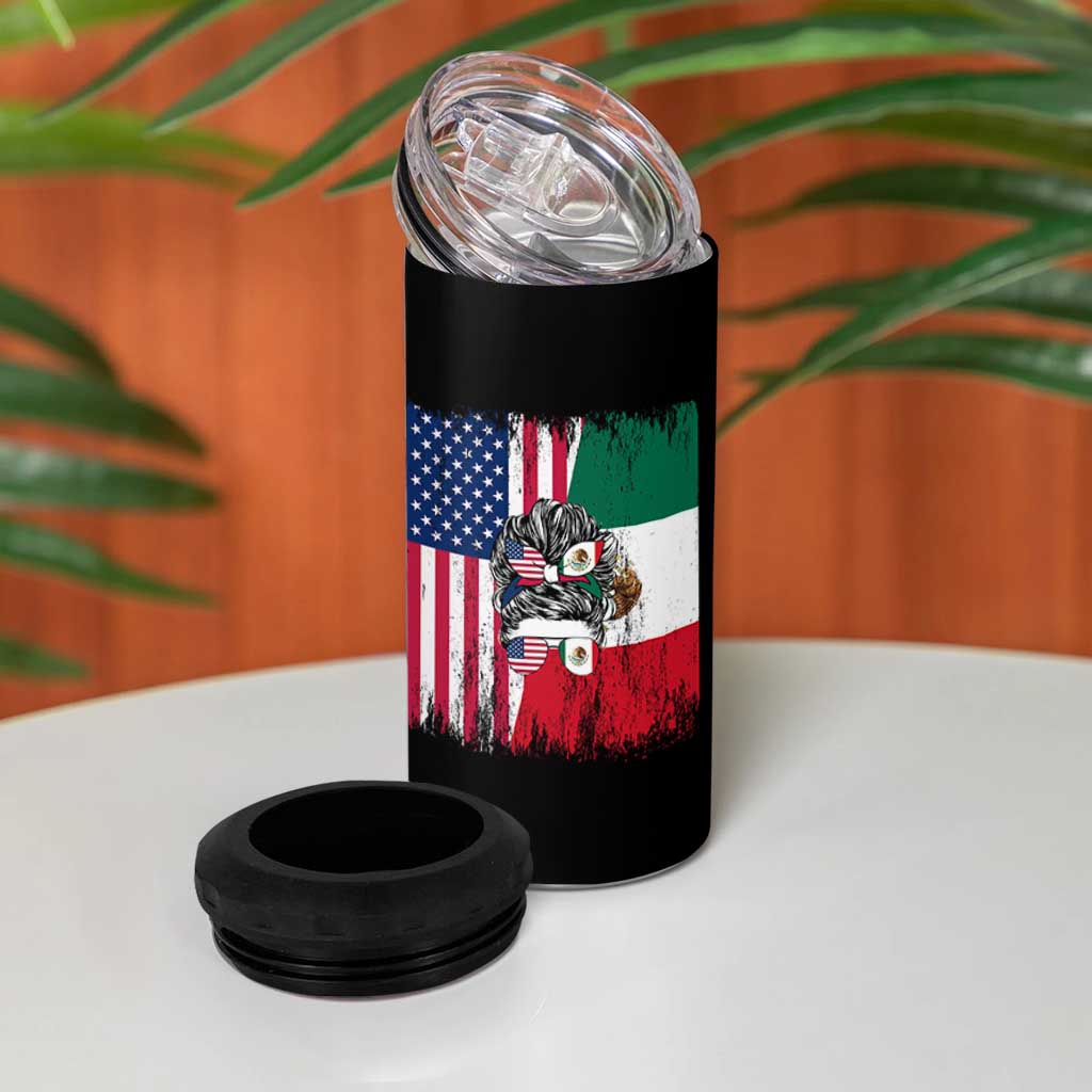 Mexican American Pride 4 in 1 Can Cooler Tumbler Bicultural Heritage Girl Vintage Flag