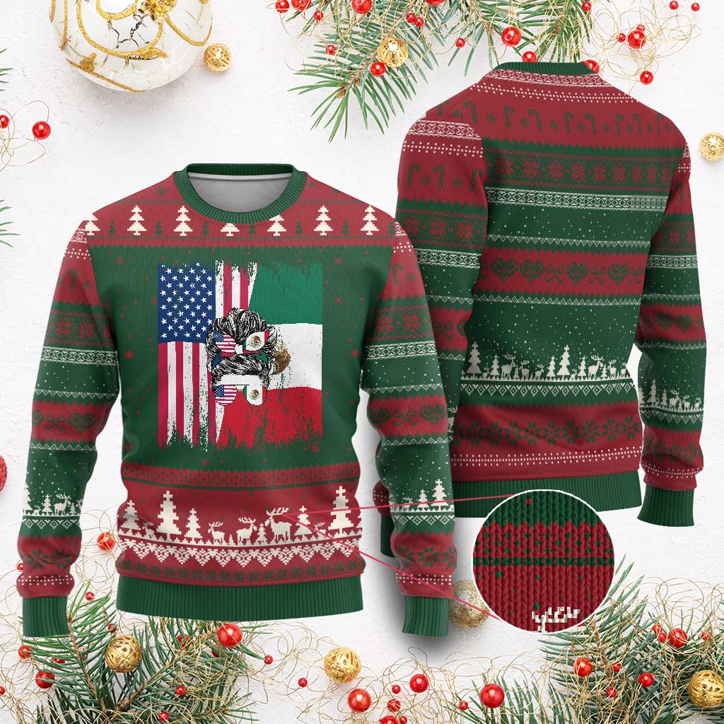 Mexican American Pride Ugly Christmas Sweater Bicultural Heritage Girl Vintage Flag