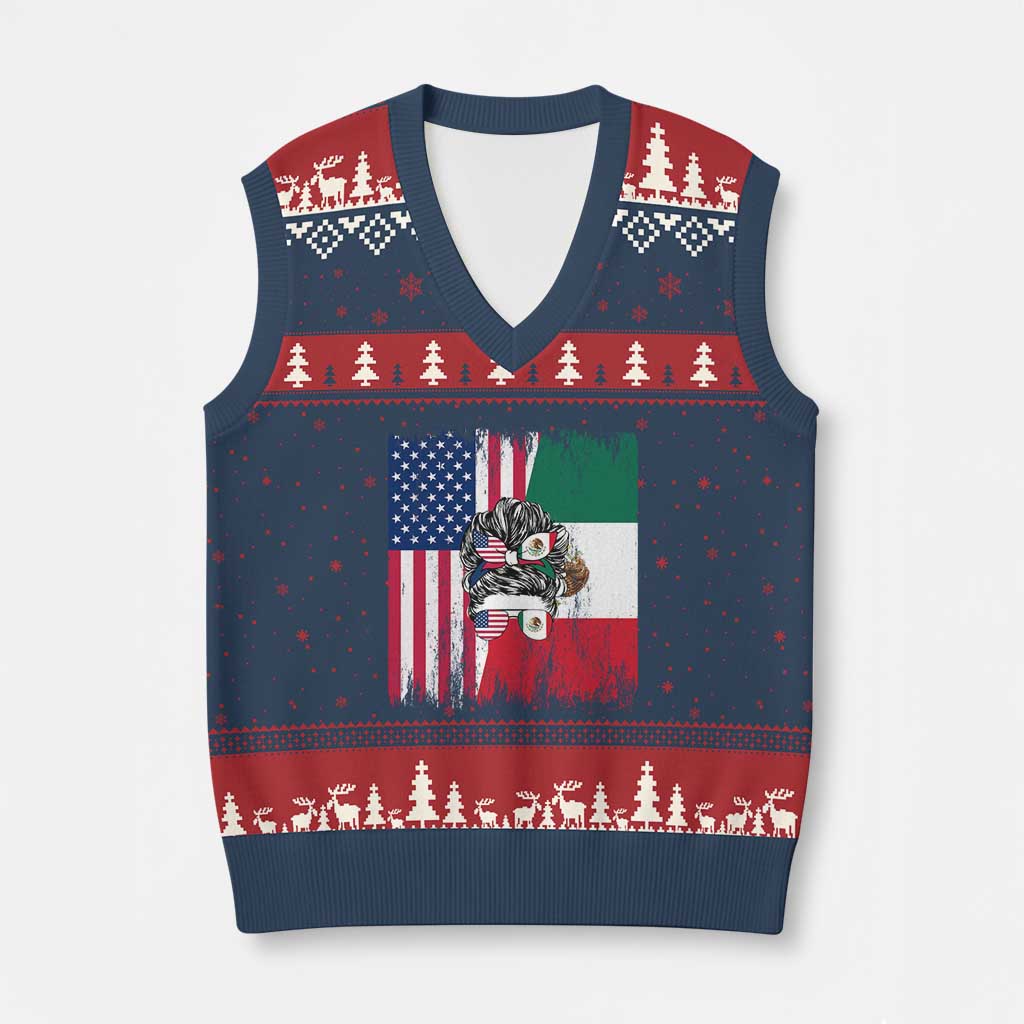 Mexican American Pride V-Neck Knit Sweater Vest Bicultural Heritage Girl Vintage Flag