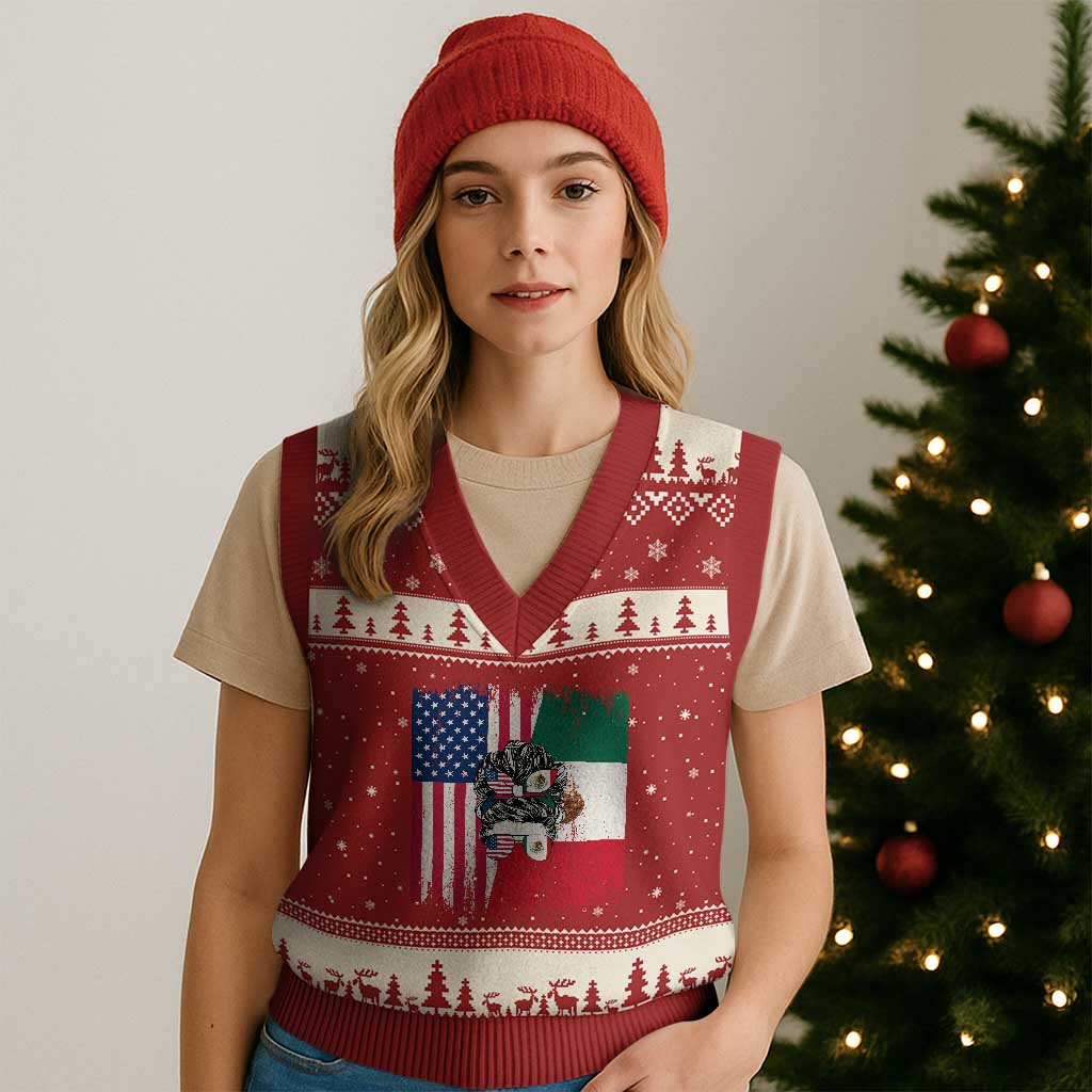 Mexican American Pride V-Neck Knit Sweater Vest Bicultural Heritage Girl Vintage Flag