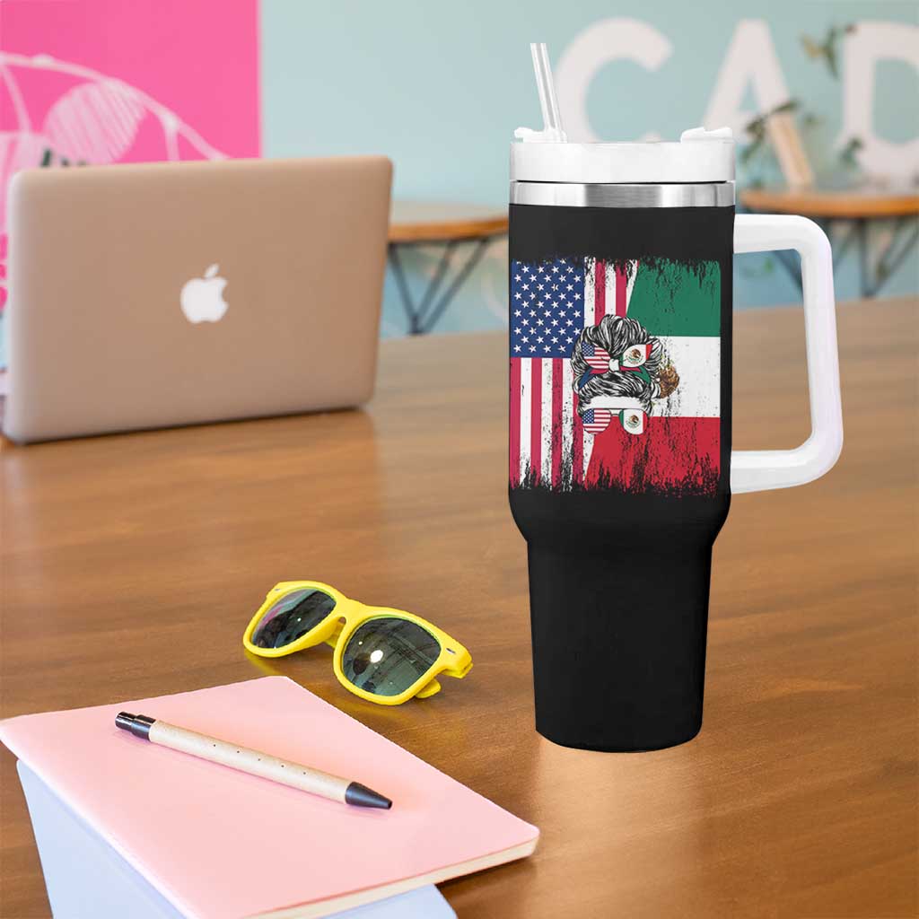 Mexican American Pride Tumbler With Handle Bicultural Heritage Girl Vintage Flag
