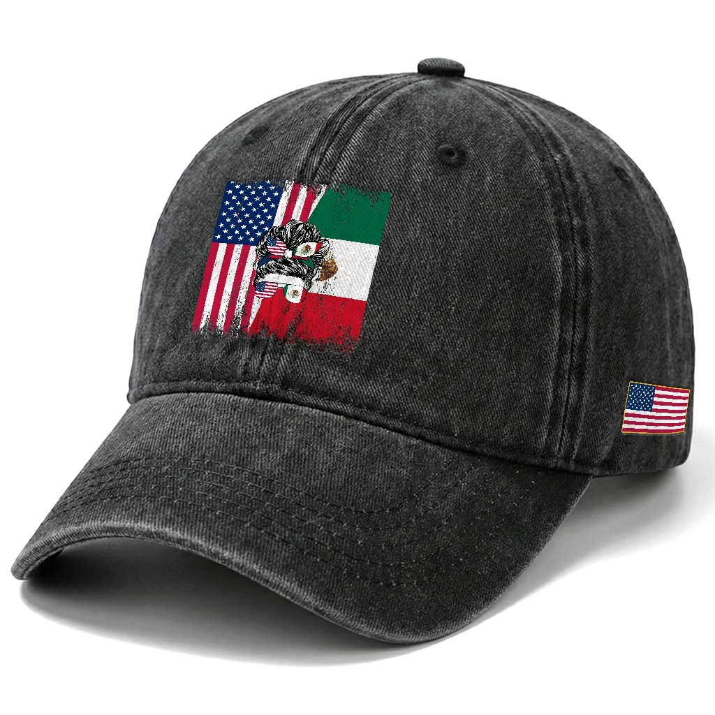 Mexican American Pride Washed Cotton Baseball Cap Bicultural Heritage Girl Vintage Flag