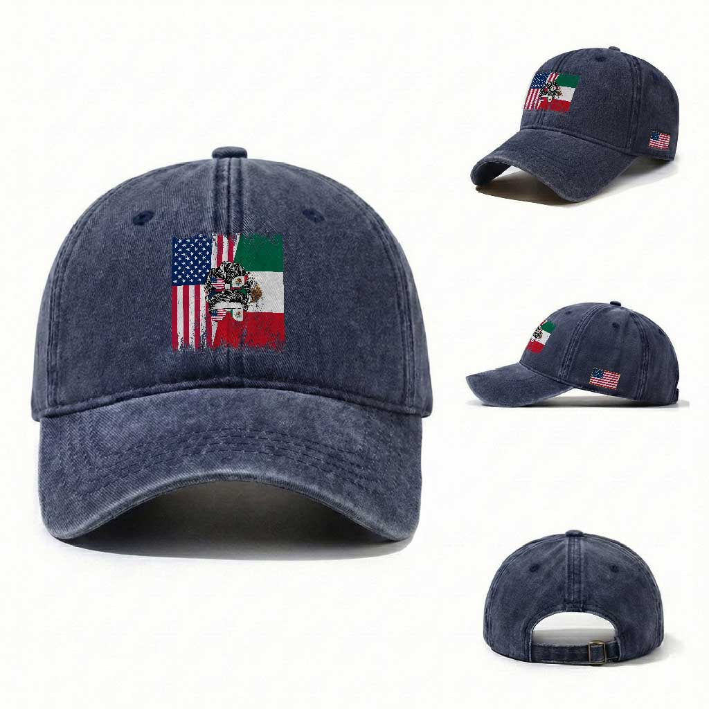 Mexican American Pride Washed Cotton Baseball Cap Bicultural Heritage Girl Vintage Flag
