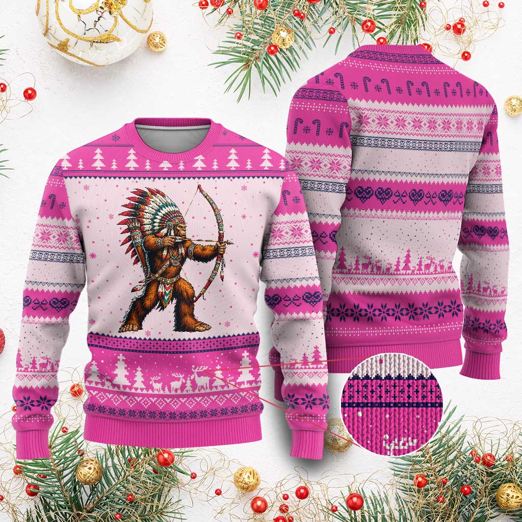Native American Bigfoot Chief Ugly Christmas Sweater Forest Warrior Pride Graphic