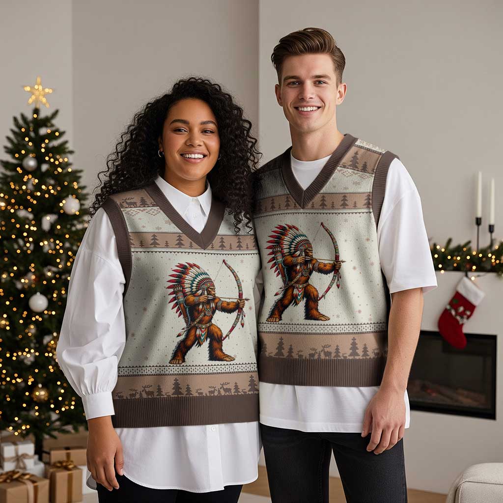 Native American Bigfoot Chief V-Neck Knit Sweater Vest Forest Warrior Pride Graphic