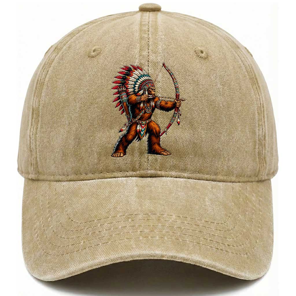 Native American Bigfoot Chief Washed Cotton Baseball Cap Forest Warrior Pride Graphic