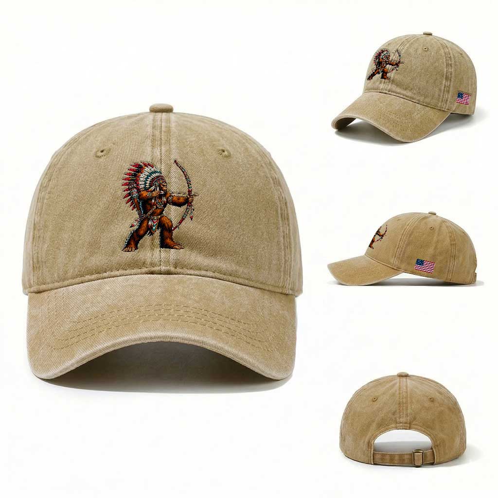 Native American Bigfoot Chief Washed Cotton Baseball Cap Forest Warrior Pride Graphic