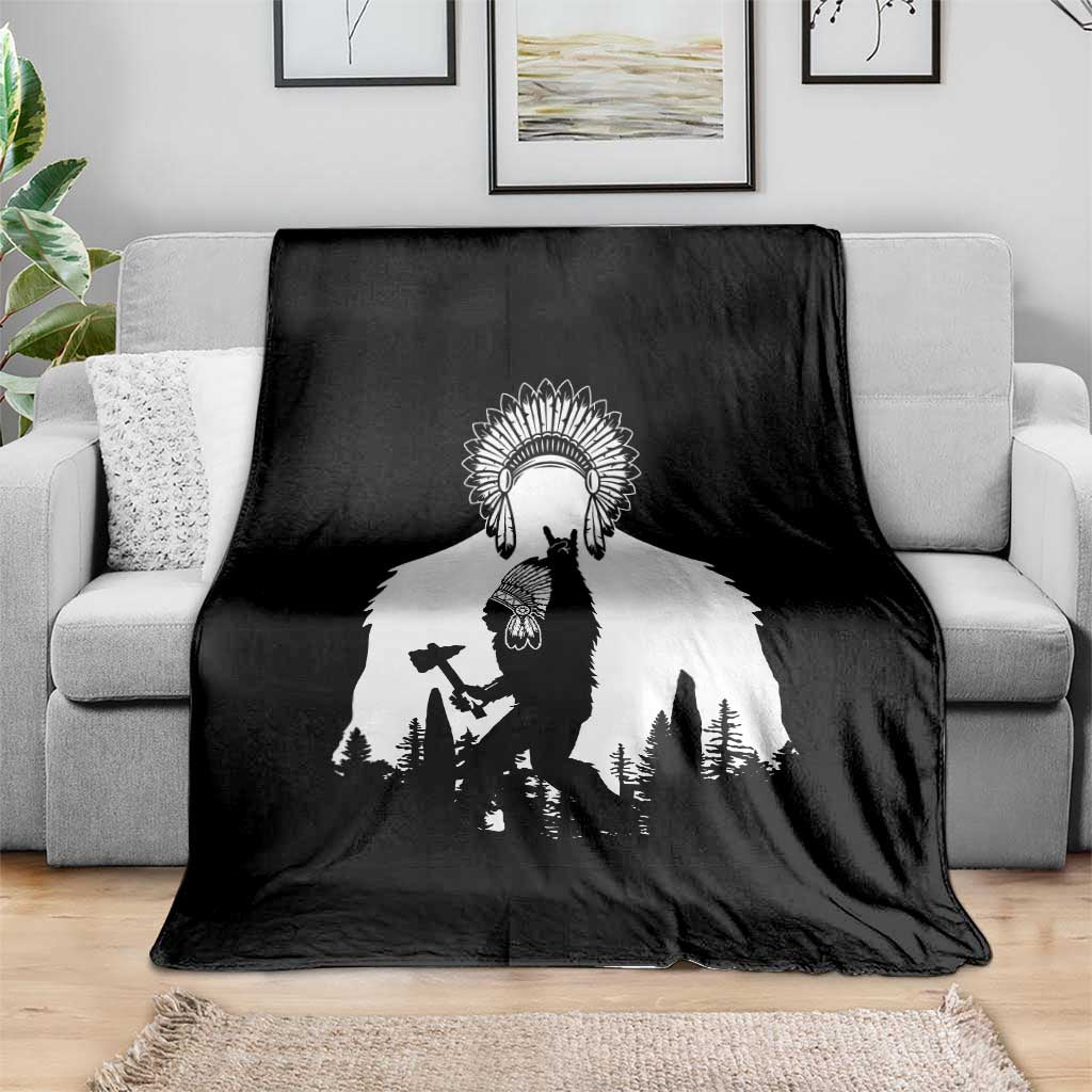 Bigfoot Native American Chief Throw Blanket Hunting Spear Warrior Graphic
