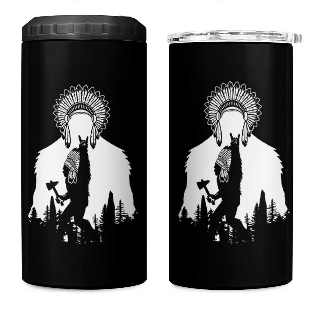 Bigfoot Native American Chief 4 in 1 Can Cooler Tumbler Hunting Spear Warrior Graphic