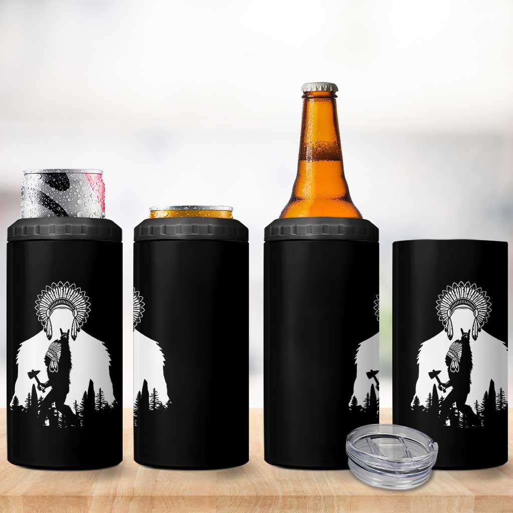 Bigfoot Native American Chief 4 in 1 Can Cooler Tumbler Hunting Spear Warrior Graphic