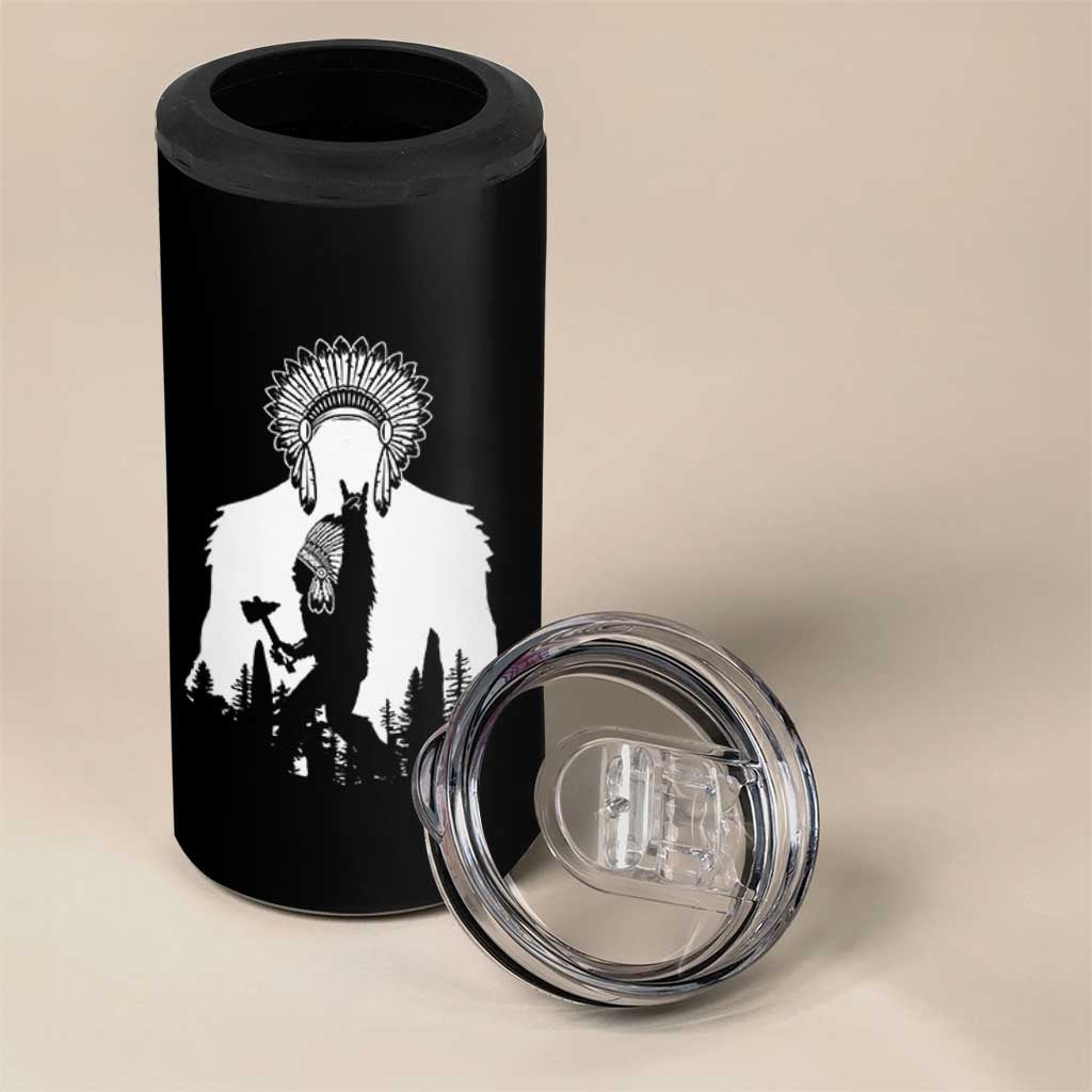 Bigfoot Native American Chief 4 in 1 Can Cooler Tumbler Hunting Spear Warrior Graphic