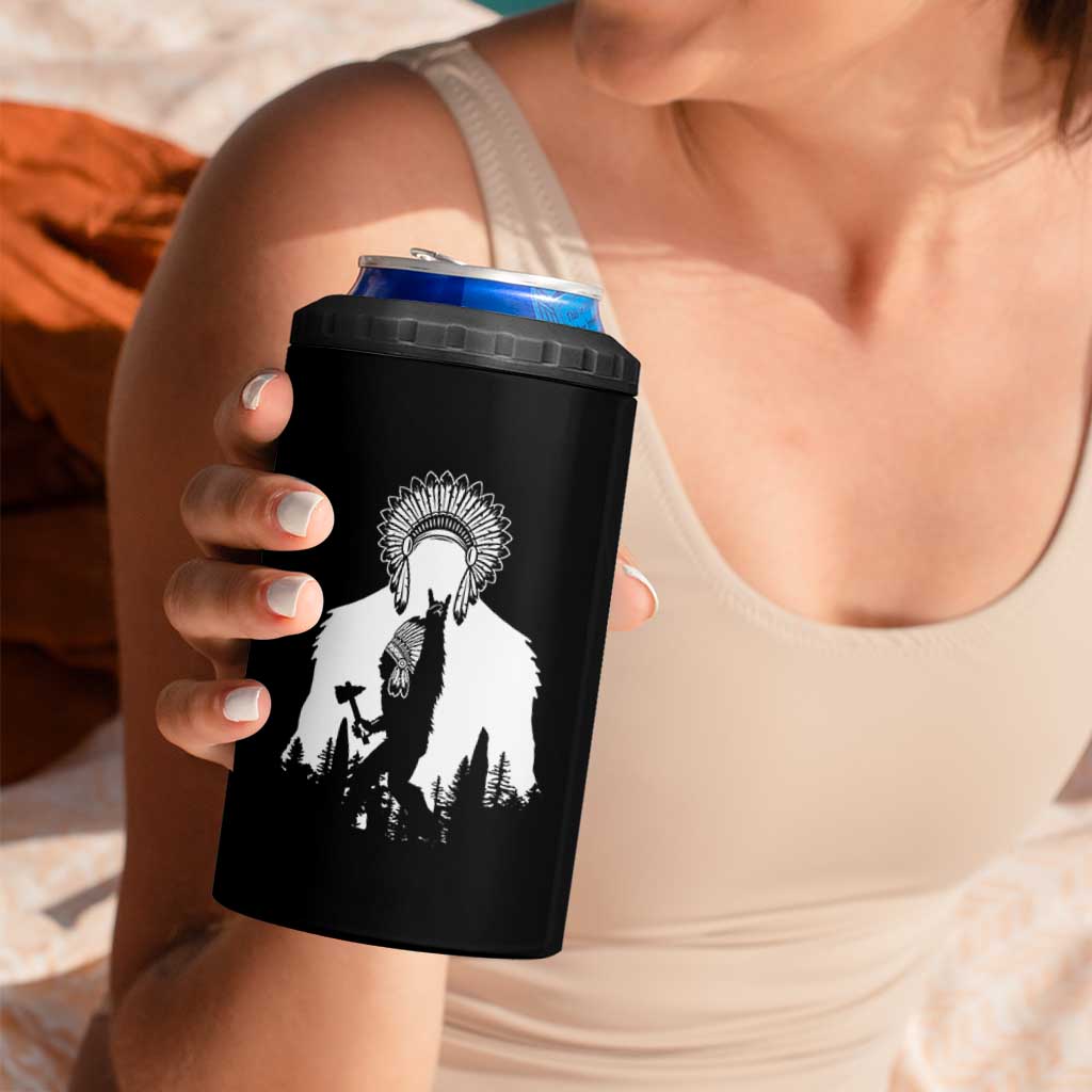 Bigfoot Native American Chief 4 in 1 Can Cooler Tumbler Hunting Spear Warrior Graphic