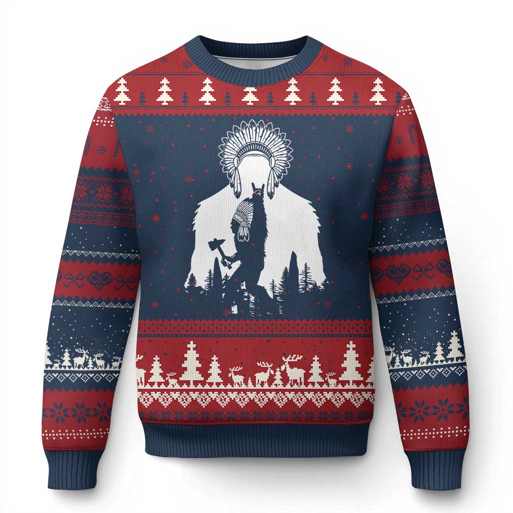 Bigfoot Native American Chief Ugly Christmas Sweater Hunting Spear Warrior Graphic