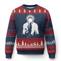 Bigfoot Native American Chief Ugly Christmas Sweater Hunting Spear Warrior Graphic