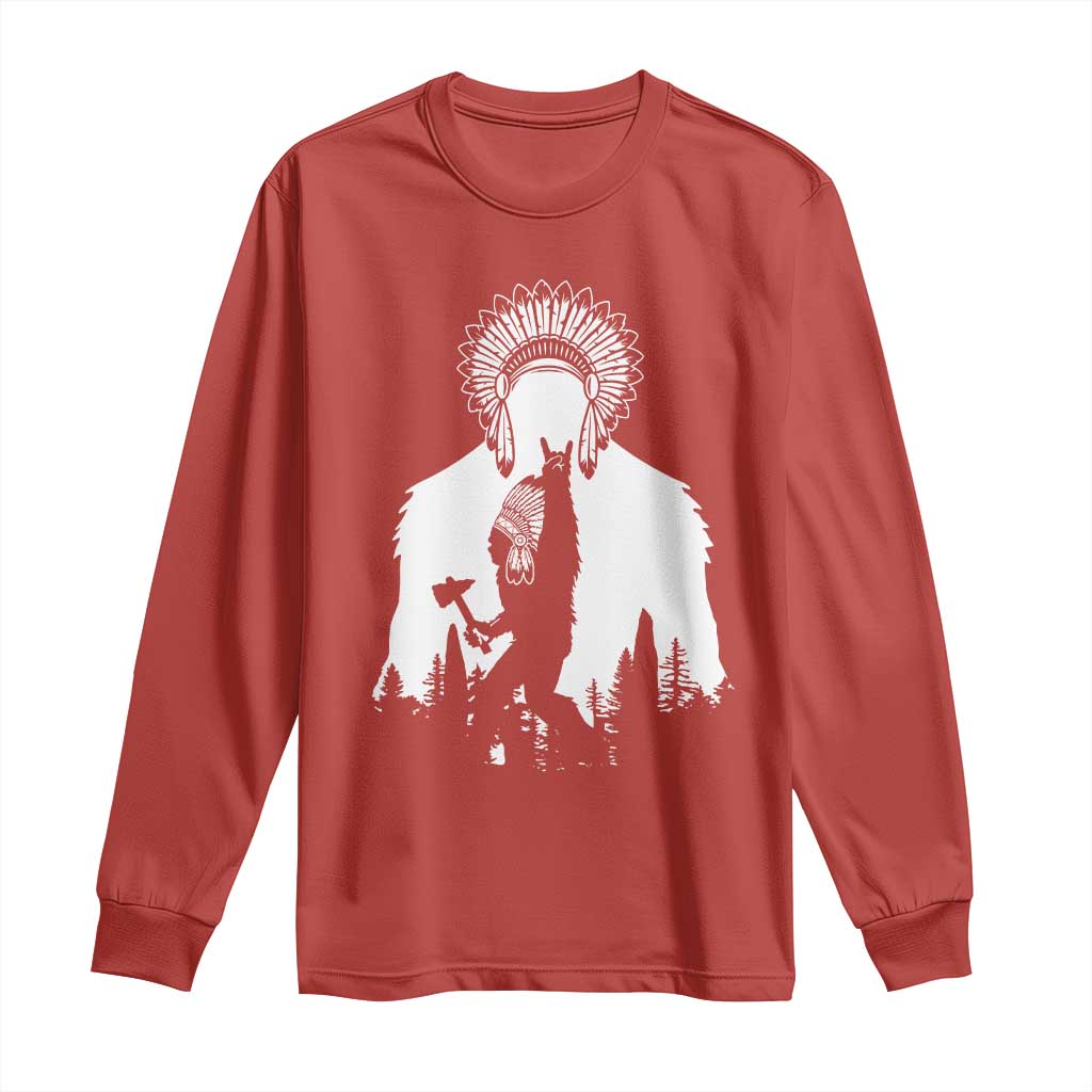 Bigfoot Native American Chief Long Sleeve Shirt Hunting Spear Warrior Graphic