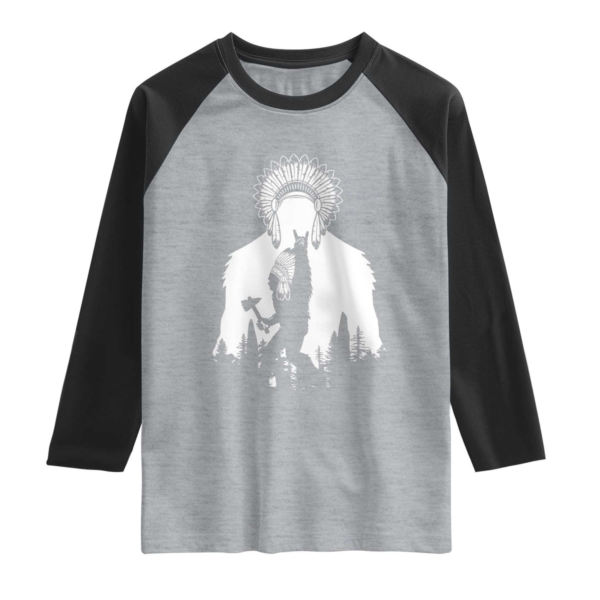 Bigfoot Native American Chief Raglan Shirt Hunting Spear Warrior Graphic