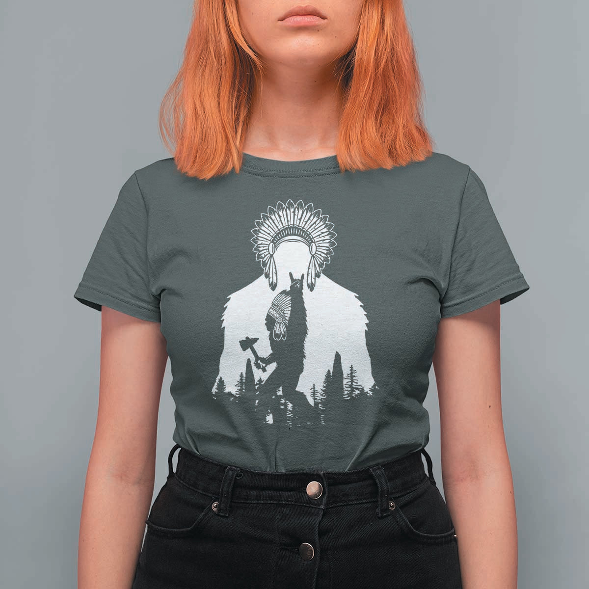 Bigfoot Native American Chief T Shirt For Women Hunting Spear Warrior Graphic