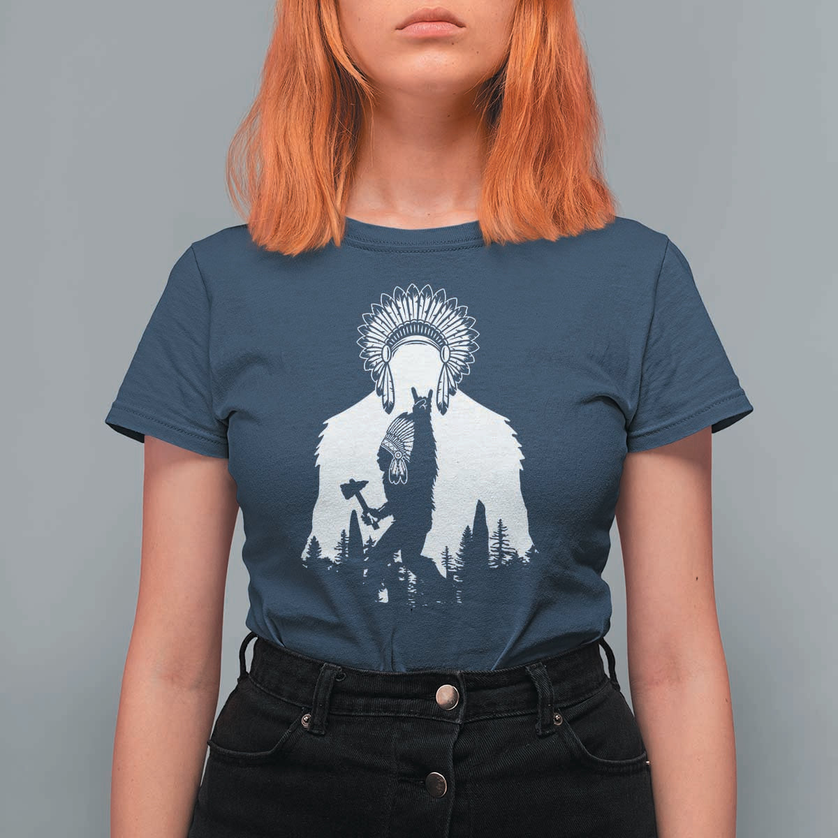 Bigfoot Native American Chief T Shirt For Women Hunting Spear Warrior Graphic
