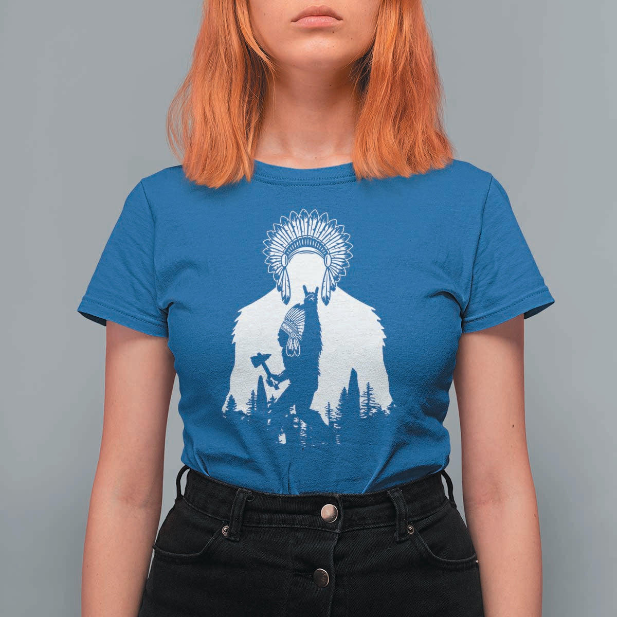 Bigfoot Native American Chief T Shirt For Women Hunting Spear Warrior Graphic