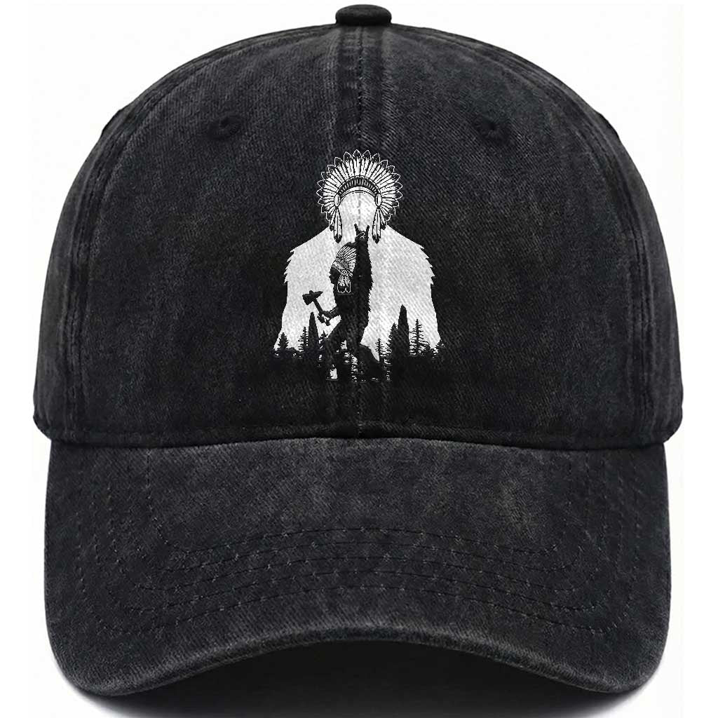 Bigfoot Native American Chief Washed Cotton Baseball Cap Hunting Spear Warrior Graphic
