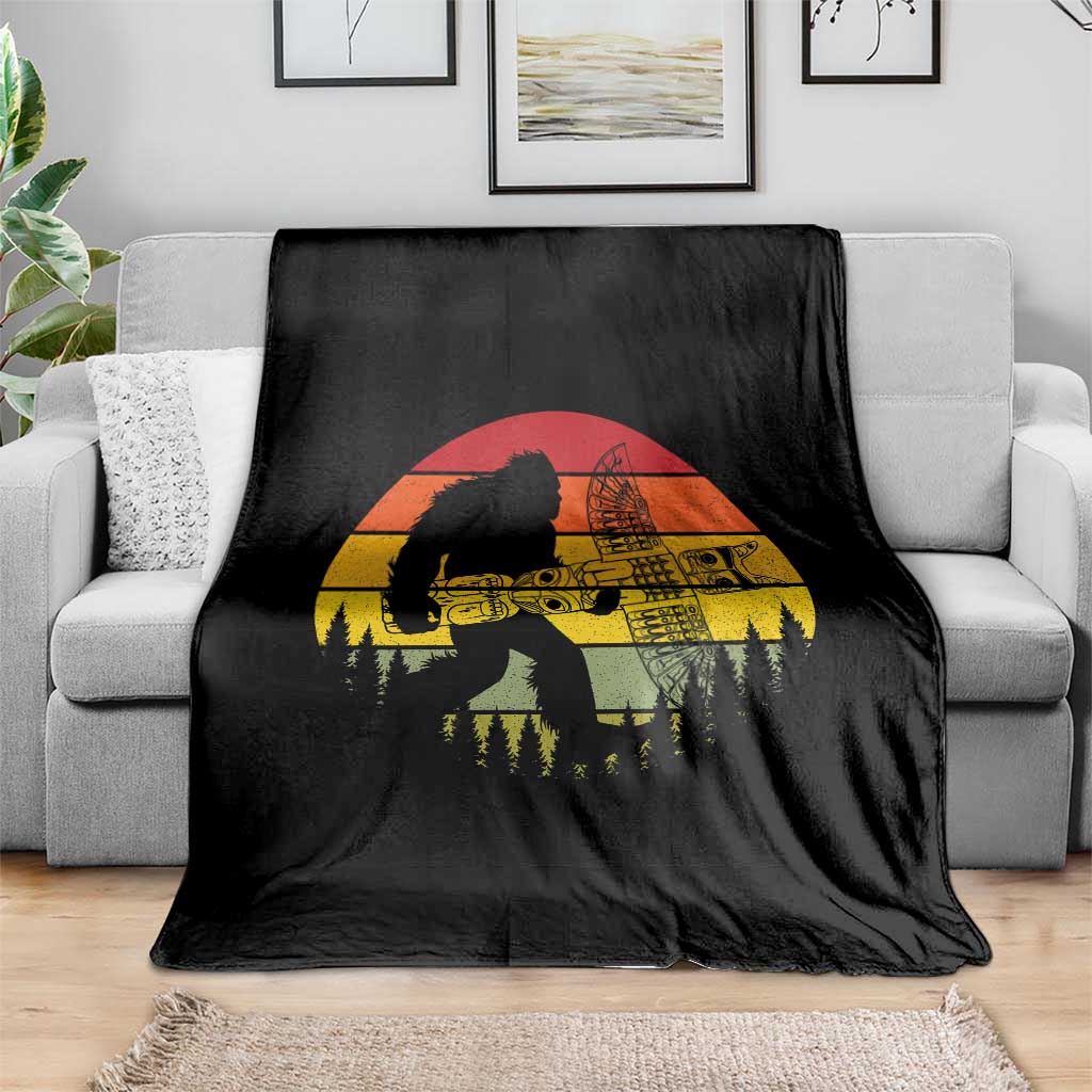 Vintage Pacific Northwest Bigfoot With Totem Pole Throw Blanket